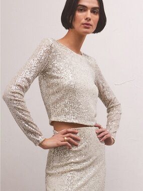 Z Supply Women’s Libby Sequined Long-Sleeve Crop Top in Silver Size Medium